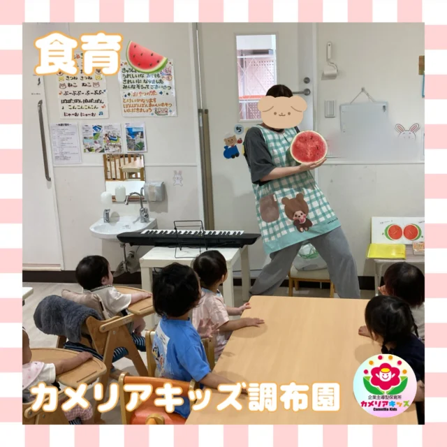 こんにちは、カメリアキッズ調布園です🎶夏の果物と言えばスイカ🍉ですね✨皮の色や中身の色のちがい、種も見つけて楽しい食育となりました😉はじめての英語も、いつもの場所で安心♪カメリアキッズでは、親子で楽しく参加できる英会話教室を開講します✨️――――――――――――――――———————————他SNSも要チェック♪HP ： カメリアキッズyoutube:Oカメリアキッズほいくえ：●カメリアキッズTikTok: @camellia_kids_hoikuen★★★★★★★★★★★★カメリアキッズ調布園〒184-0026調布市小島町1-5-6アールアンドエスビル1階重042-452-8705園児・保育士さん・調理さん◎O◎募集中◎◎◎#カメリアキッズ#東京都#調布市保育園#認可外保育園#保活