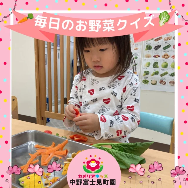 こんにちは！カメリアキッズ中野富士見町園です✨毎日の朝の会でお野菜クイズを行っています🥒当日給食に出るお野菜を使って『これな～んだ？』と問います。クイズは大好きなので、前のめりの大きな声で発言する子どもたち。『せいかいでしょ？』と言わんばかりの表情です😊🌈毎日、日々の生活で、お野菜の色や匂い、手触りを感じている子どもたちです。【杉並区で保育園をお探しの方へ】カメリアキッズ中野富士見町園では、園見学・入園に関するご相談を受け付けています。中野富士見町駅から徒歩圏内にある保育園です。日々の遊びや季節の行事を通じて、子ども一人ひとりの成長を大切にした保育を行っています。■ 入園・園見学について・見学可能日・対象年齢・入園に関する詳細詳細は、プロフィールのウェブサイトにある入園案内をご確認ください。■ 保育士の採用についてカメリアキッズ中野富士見町園では、保育士を募集しています。職員同士で子どもたちの様子や保育内容を共有し、相談・連携しながら日々の保育に取り組んでいます。・募集職種・雇用形態・給与・休日・応募方法採用に関する詳細は、プロフィールのウェブサイトにある採用ページをご確認ください。【カメリアキッズ中野富士見町園】東京都杉並区和田1丁目17-6 小松本店第二ビル 1F